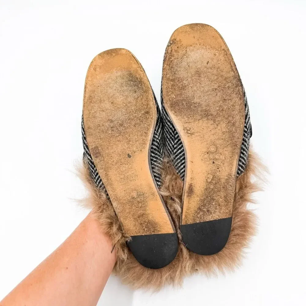Gucci Princetown Herringbone Fur Mules GG Web Stripe Horsebit Loafers 7.5